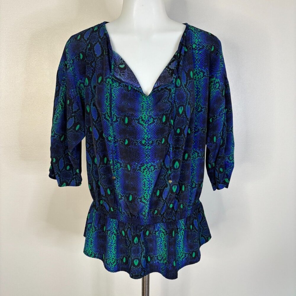 Liz Claiborne Top MP Blue‎ Green Reptile Print Elastic Waist Short Sleeve Blouse